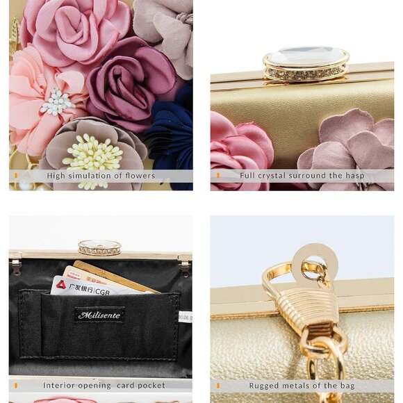 Women's Metal Leaves Flower Evening Bride Wedding Floral Clutch Bag - Picture 5 of 7